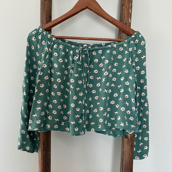 Billabong Floral Off Shoulder top Long Sleeve Blouse  Drawstring Size S - Picture 1 of 4